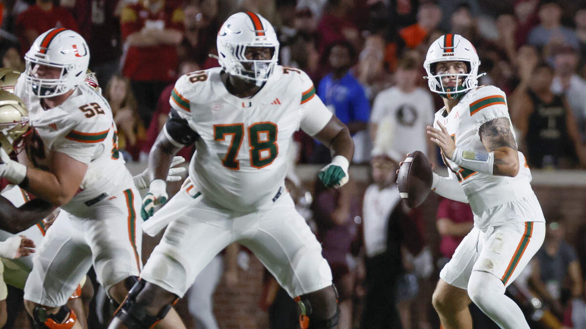 Miami Hurricanes offensive lineman Matthew McCoy (78) sets up to block for quarterback Carson Beck (11) during the game against the Florida State Seminoles at Doak Campbell Stadium in Tallahassee, Florida, on Saturday, October 4, 2025. Miami Hurricanes offensive lineman Matthew McCoy (78) sets up to block for quarterback Carson Beck (11) during the game against the Florida State Seminoles at Doak Campbell Stadium in Tallahassee, Florida, on Saturday, October 4, 2025.